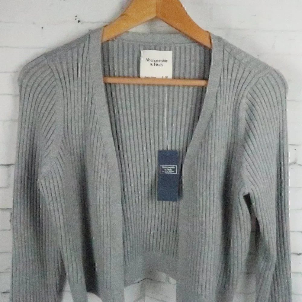 ABERCROMBIE & FITCH GREY LONG SLEEVE RIBBED CROPPED OPEN CARDIGAN SWEATER SIZE S